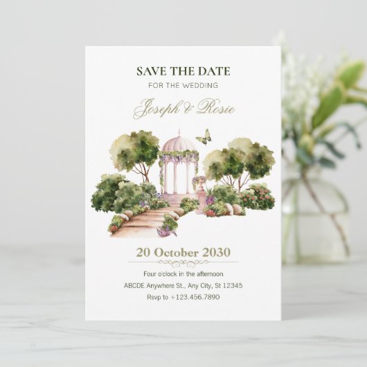 グリーンウォーター色の楽しい庭園の結婚式 招待状 (スタンド正面)