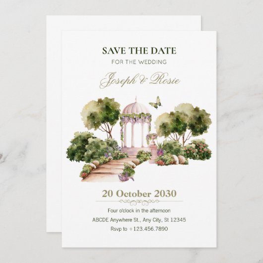 グリーンウォーター色の楽しい庭園の結婚式 招待状 (正面/裏面)