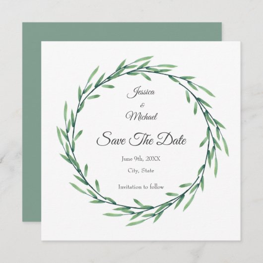 グリーンウォーター色の葉リース セーブザデート (正面/裏面)