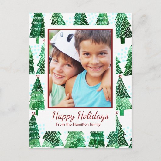 グリーンウォーター色クリスマスツリーの写真グリーティング シーズンポストカード (正面)