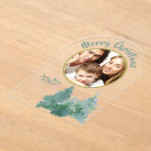 グリーンウォーター色クリスマスツリー写真ホリデーカード アクリル招待状 (レイダウン)