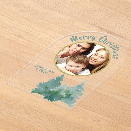 グリーンウォーター色クリスマスツリー写真ホリデーカード アクリル招待状 (レイダウン)