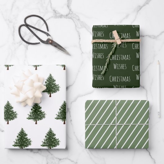グリーンウォーター色クリスマスパインツリー3シートセット ラッピングペーパーシート (正面)