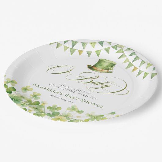 グリーンウォーター色シャムロックベビーシャワー ペーパープレート (アングル)