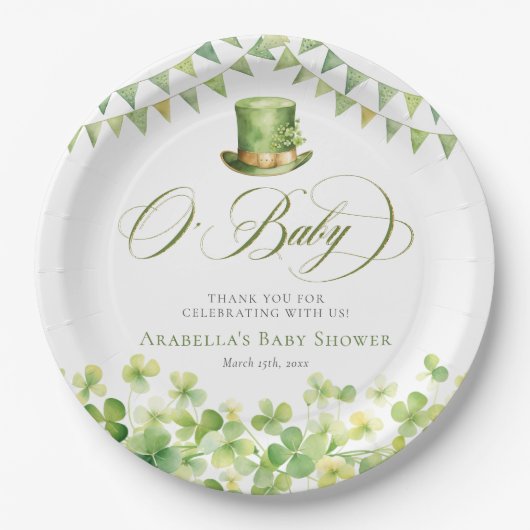 グリーンウォーター色シャムロックベビーシャワー ペーパープレート (正面)