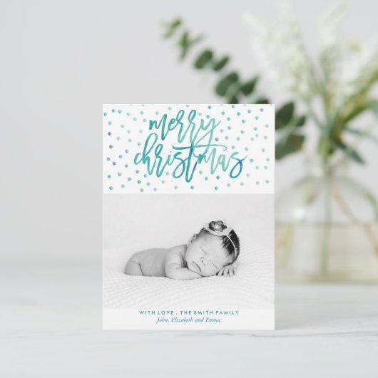 グリーンウォーター色タイポグラフィクリスマスフォト シーズンポストカード (スタンド正面)