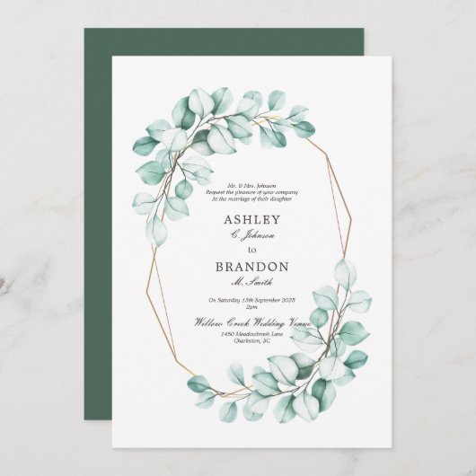 グリーンウォーター色フローラ幾何学的エレガントな結婚式 招待状 (正面/裏面)