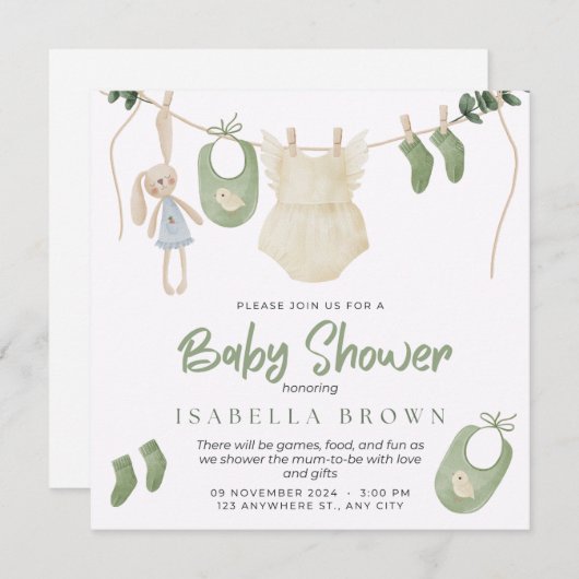 グリーンウォーター色ベビーシャワー招待状 招待状 (正面/裏面)