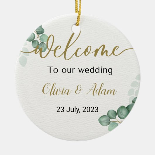 グリーンウォーター色ユーカリ結婚のウェルカムサイン セラミックオーナメント (正面)