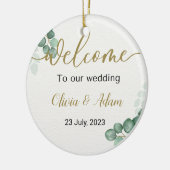 グリーンウォーター色ユーカリ結婚のウェルカムサイン セラミックオーナメント (左)
