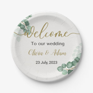 グリーンウォーター色ユーカリ結婚のウェルカムサイン ペーパープレート