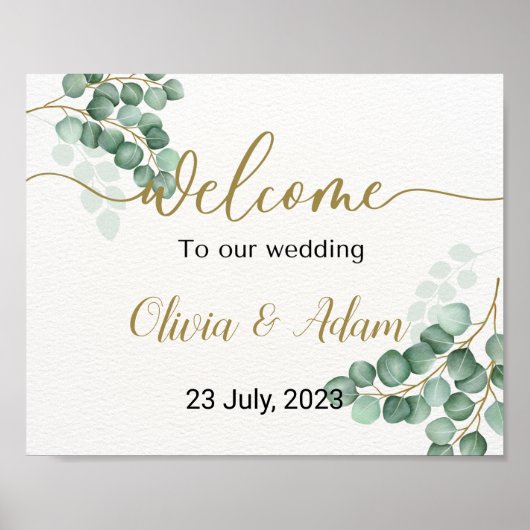 グリーンウォーター色ユーカリ結婚のウェルカムサイン ポスター (正面)