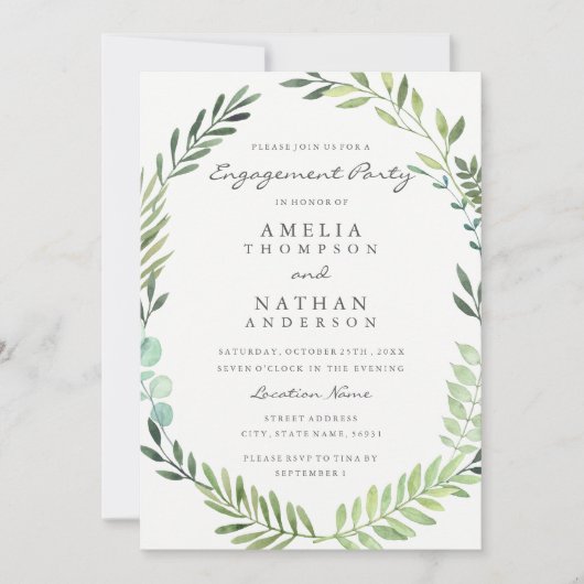 グリーンウォーター色リース婚約パーティ招待状 招待状 (正面)