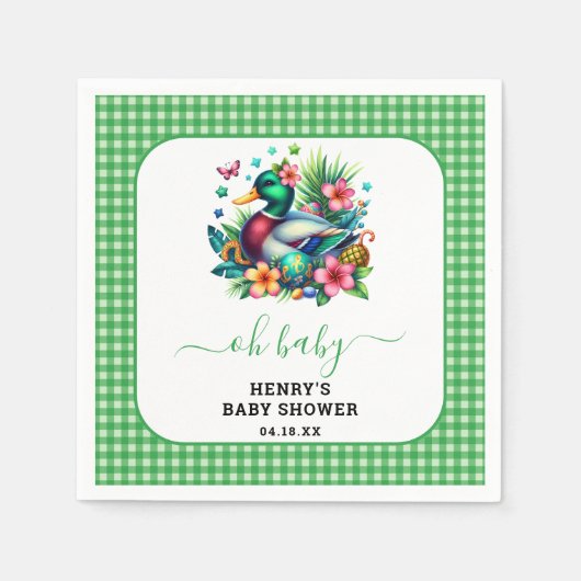 グリーンウォーター色1ラッキーダックボーイ1st誕生日 スタンダードカクテルナプキン (正面)