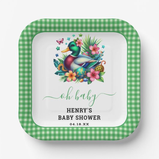 グリーンウォーター色1ラッキーダックボーイ1st誕生日 ペーパープレート (正面)