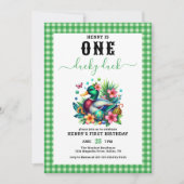 グリーンウォーター色1ラッキーダックボーイ1st誕生日 招待状 (正面)