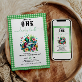 グリーンウォーター色1ラッキーダックボーイ1st誕生日 招待状