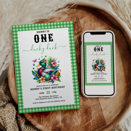 グリーンウォーター色1ラッキーダックボーイ1st誕生日 招待状