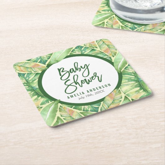 グリーンウォーター葉カラートロピカルベビーシャワー スクエアペーパーコースター (アングル)