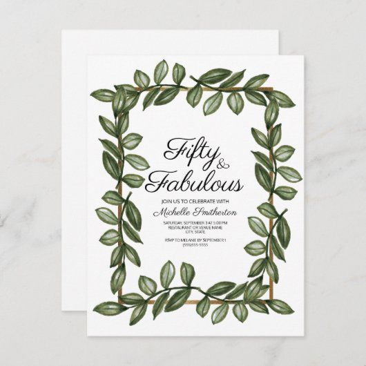 グリーンウォータ葉ーカラー金ゴールド50誕生日 招待状 (正面/裏面)