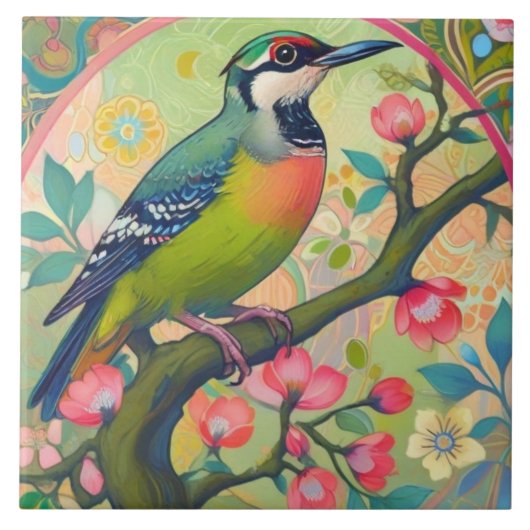 グリーンウッドペッカーバードオリエンタルアジアピンクフローラ タイル (正面)