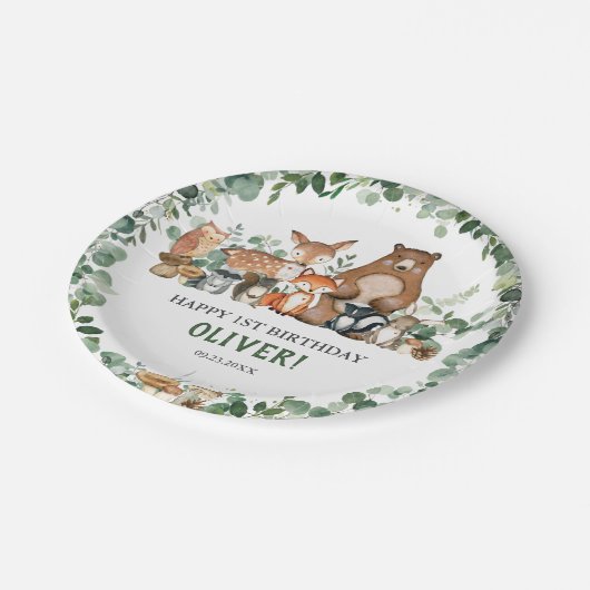 グリーンウッドランドアニマルズベビーシャワー誕生日 ペーパープレート (アングル)