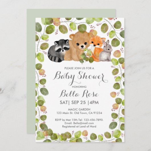 グリーンウッドランドアニマルベビーシャワー招待状 招待状 (正面/裏面)