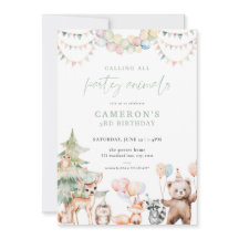 グリーンウッドランドパーティー動物誕生日招待状
