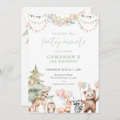 グリーンウッドランドパーティー動物誕生日招待状 招待状 (正面/裏面)