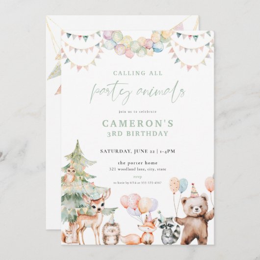 グリーンウッドランドパーティー動物誕生日招待状 招待状 (正面/裏面)