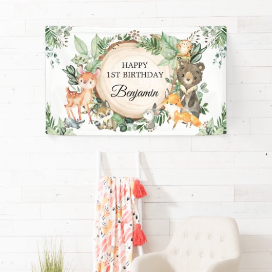 グリーンウッドランドフォレストアニマルズハッピーバースデー 横断幕 (インサイチュ)