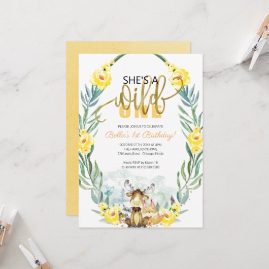 グリーンウッドランド彼女はワイルドワン初誕生日 招待状 (正面/裏面インサイチュ)