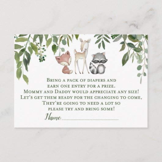 グリーンウッドランド赤ちゃんシャワーおむつラッフルインサート エンクロージャーカード (正面)