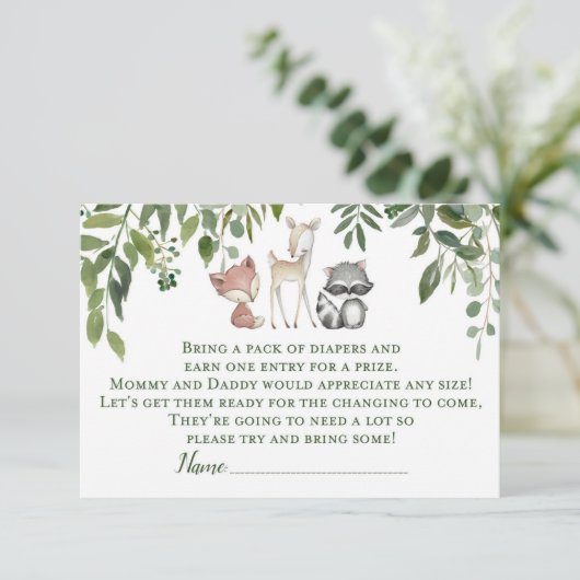 グリーンウッドランド赤ちゃんシャワーおむつラッフルインサート エンクロージャーカード (スタンド正面)