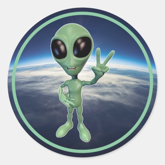 グリーンエイリアン平和Vサイン ラウンドシール (正面)
