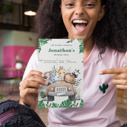 グリーンエステティックサファリアニマルズ誕生日招待状 招待状
