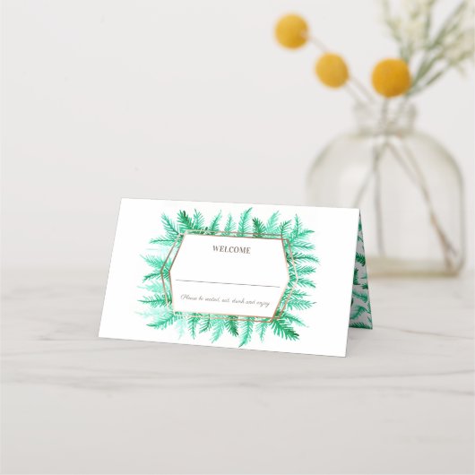 グリーンエバーグリーン水彩画ウェディング プレイスカード (正面)