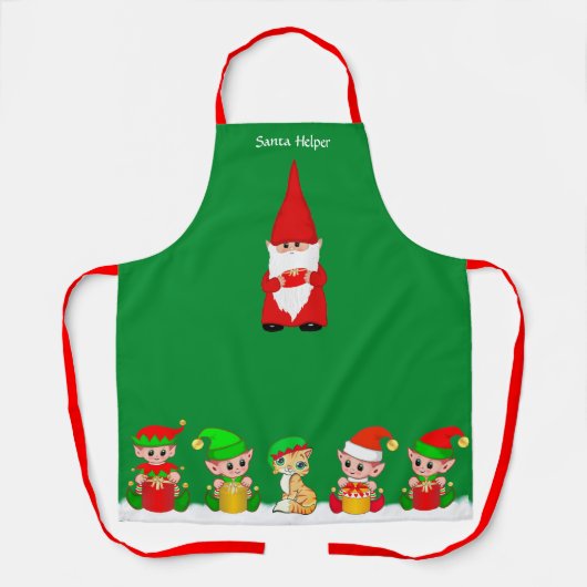 グリーンエプロンのかわいいクリスマスノームとエルフのチーム エプロン (正面)