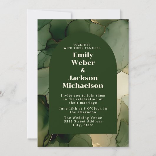 グリーンエメラルドオリーブ金ゴールドフローラアーチ結婚ーズ 招待状 (正面)