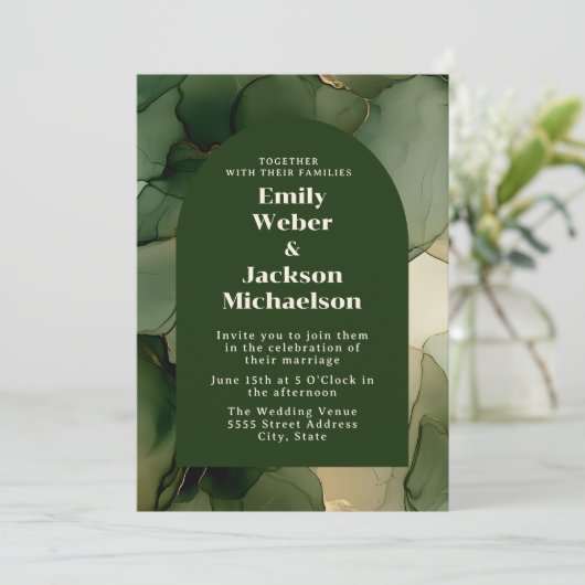 グリーンエメラルドオリーブ金ゴールドフローラアーチ結婚ーズ 招待状 (スタンド正面)