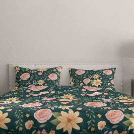 グリーンエメラルドヴィンテージワイルドフラワーバラパターン 枕カバー
