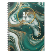 グリーンエメラルド大理石金ゴールドイニシャルと名前 ノートブック (正面)