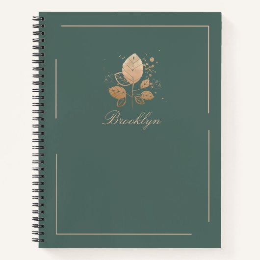 グリーンエレガントおよびバラ金ゴールドフローラ パーソナライズされた ノートブック (正面)