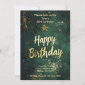 グリーンエレガントおよびフェイク金ゴールド誕生日招待状 招待状 (正面)