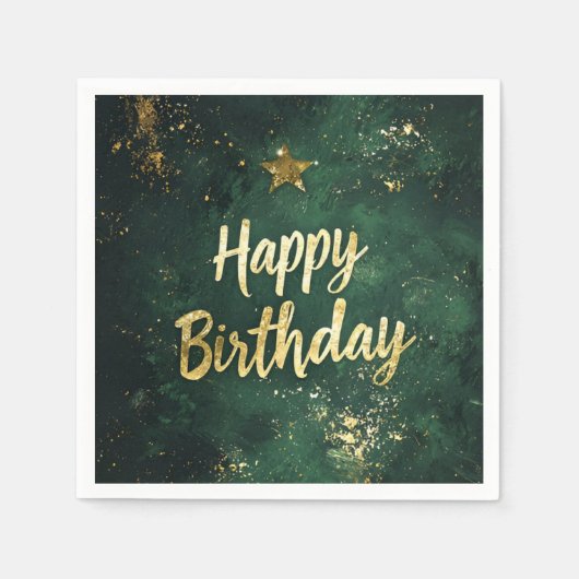 グリーンエレガントおよびフェイク金ゴールド誕生日 スタンダードカクテルナプキン (正面)