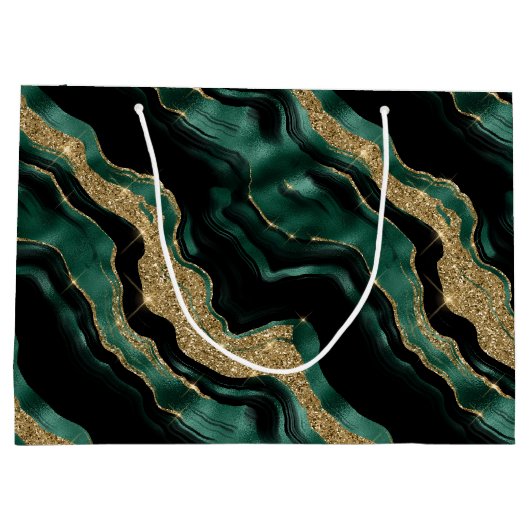 グリーンエレガントおよび金ゴールドグリッターアゲート誕生日 ラージペーパーバッグ (裏面)