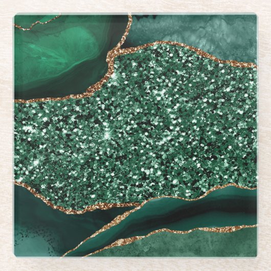 グリーンエレガントおよび金ゴールドグリッター海ゲート ガラスコースター (正面)