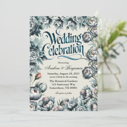 グリーンエレガントとグレーブーケ結婚のお祝い 招待状 (スタンド正面)