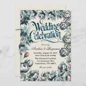 グリーンエレガントとグレーブーケ結婚のお祝い 招待状 (正面/裏面)