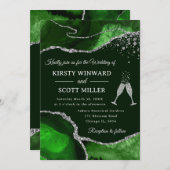 グリーンエレガントとシルバーのグリッターアゲート結婚ト 招待状 (正面/裏面)